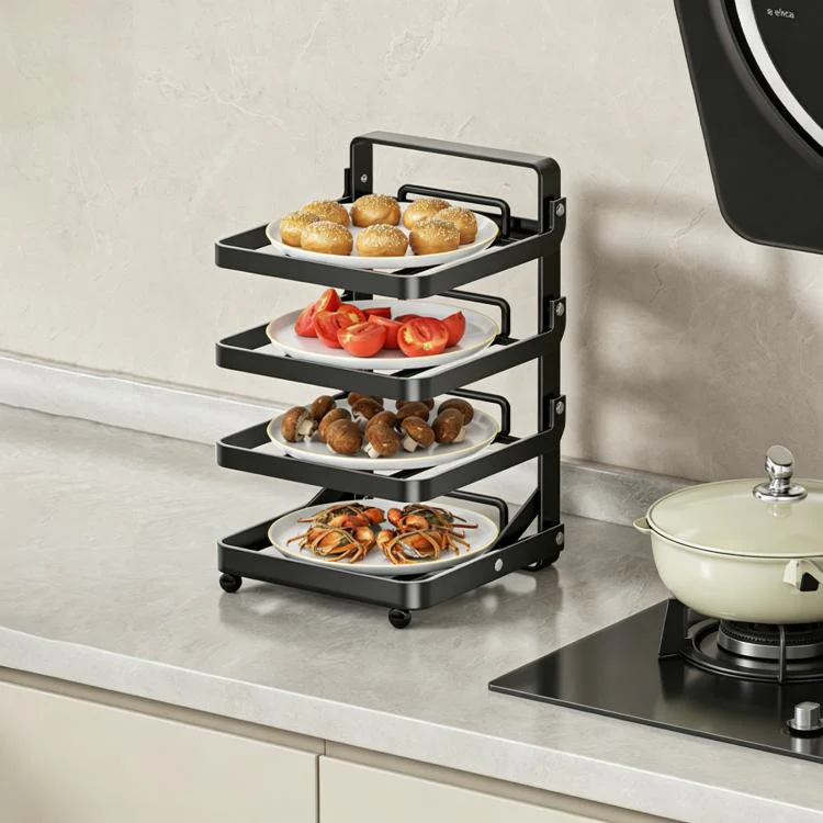 Multi-Tier Kitchen Food Preparation Rack Foldable Storage Rack, Color: Black 4-layer Desktop