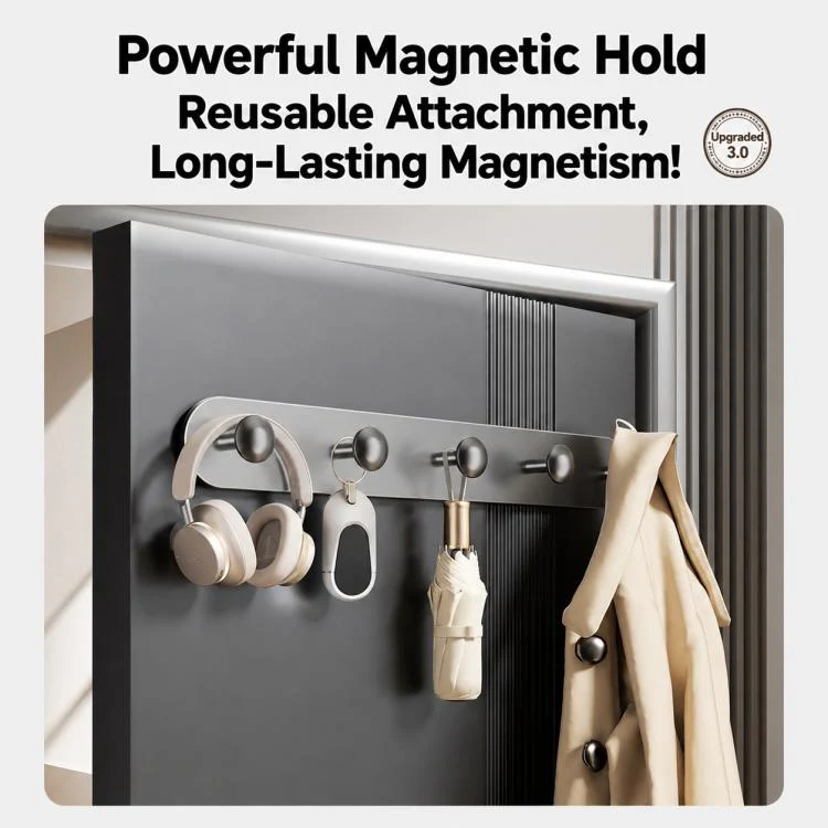 Multifunctional Magnetic Storage Hook Rack Wall Mounted No Drilling Hook Rail, Type:4 Hooks(Creamy) - Image 4