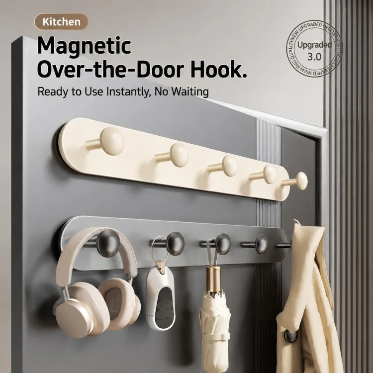 Multifunctional Magnetic Storage Hook Rack Wall Mounted No Drilling Hook Rail, Type:5 Hooks(Creamy) - Image 2