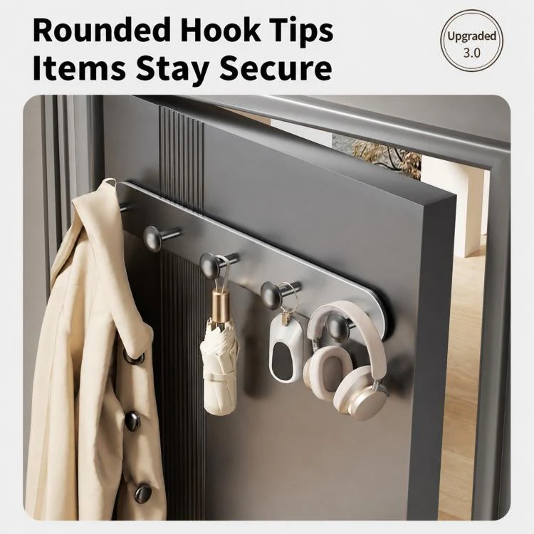 Multifunctional Magnetic Storage Hook Rack Wall Mounted No Drilling Hook Rail, Type:5 Hooks(Creamy) - Image 5