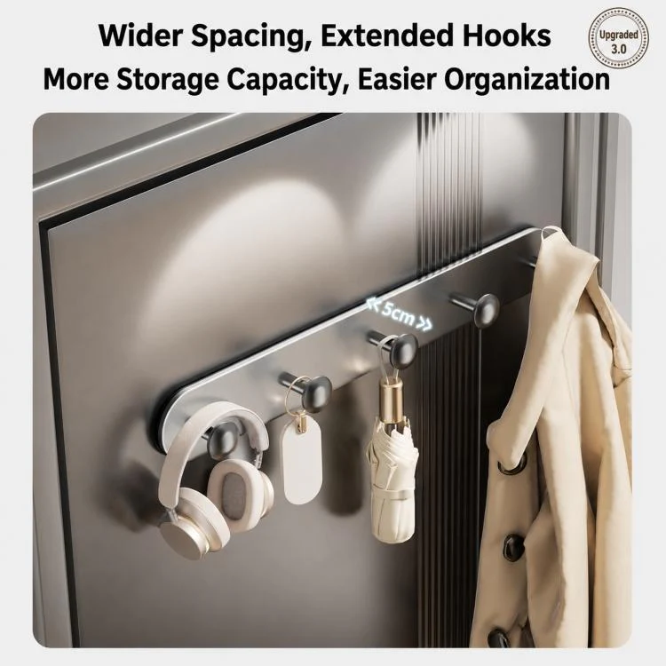 Multifunctional Magnetic Storage Hook Rack Wall Mounted No Drilling Hook Rail, Type:5 Hooks(Creamy) - Image 7