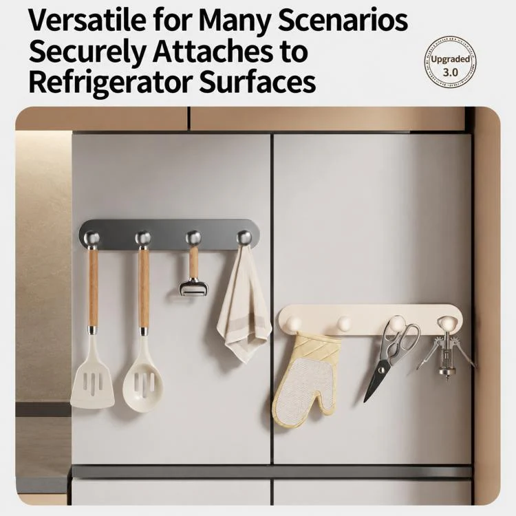 Multifunctional Magnetic Storage Hook Rack Wall Mounted No Drilling Hook Rail, Type:5 Hooks(Creamy) - Image 8