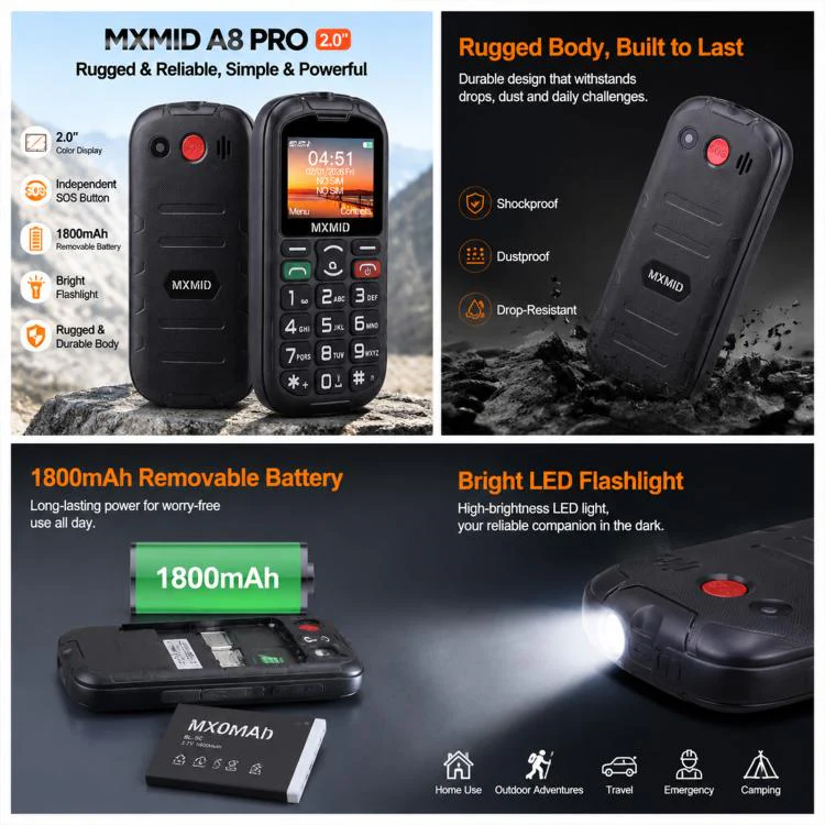 MXMID A8 Pro, 2.0 inch Big Button Rugged Style Senior Phone, SOS, BT, Torch, Network: 2G, Plug:AU Plug(Orange) - Image 9