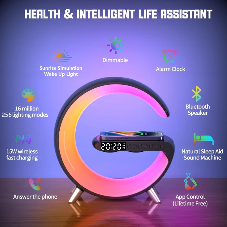 N69 Smart Bluetooth Speaker Support Wireless Charger & Alarm Clock & Ambient Light, EU Plug (White) - Image 2