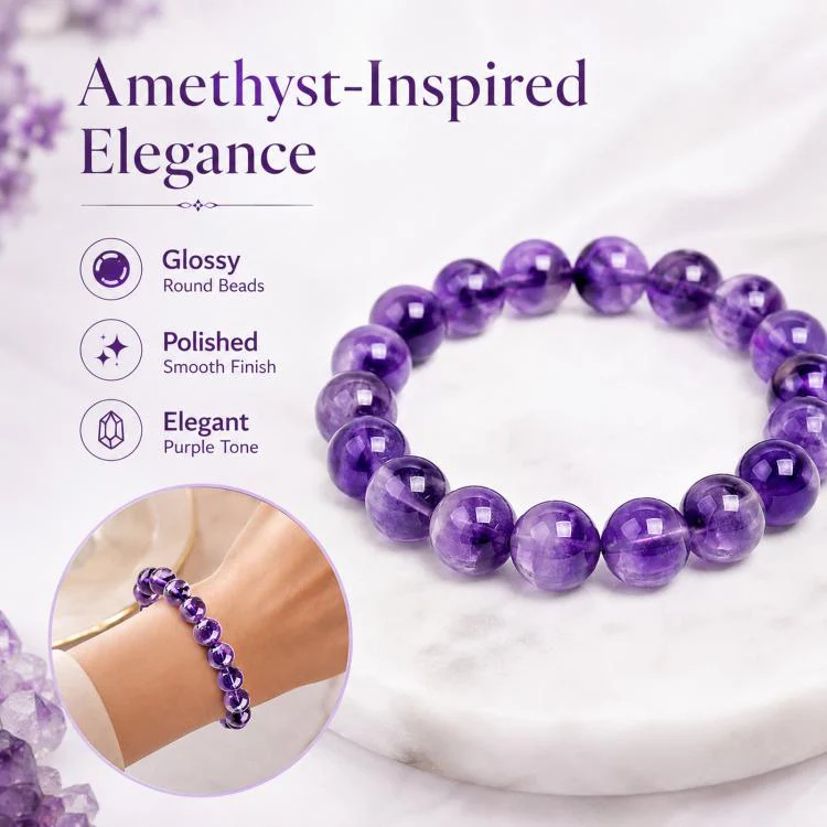 Natural Amethyst Beaded Bracelet Purple Crystal Healing Stone Stretch Bracelet, Mindful Spiritual Meditation Gemstone Jewelry Gift(A Purple) - Image 3