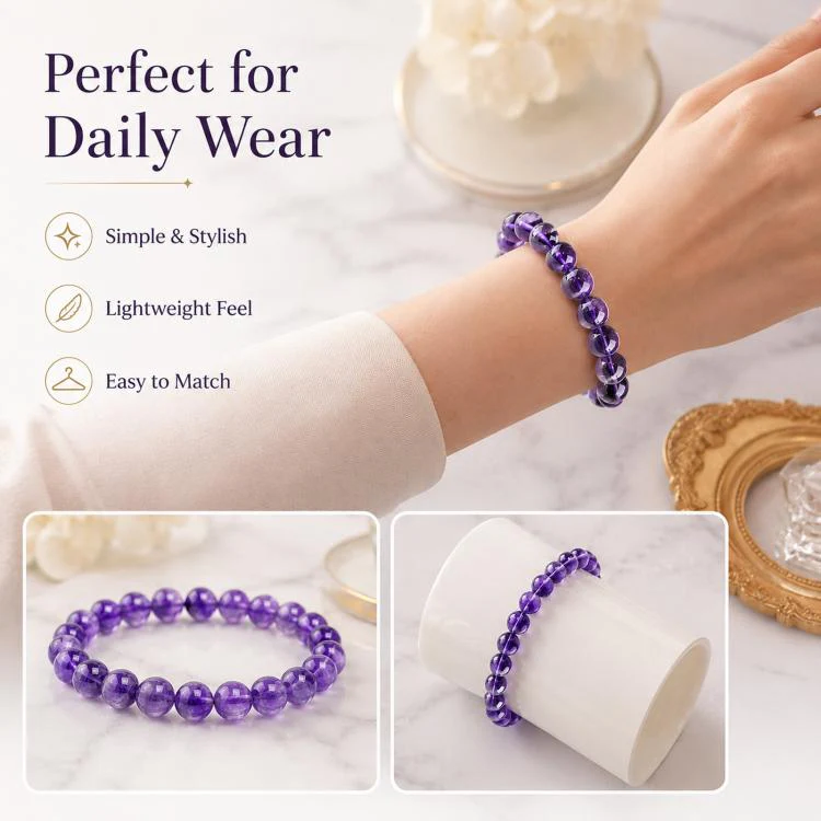 Natural Amethyst Beaded Bracelet Purple Crystal Healing Stone Stretch Bracelet, Mindful Spiritual Meditation Gemstone Jewelry Gift(A Purple) - Image 5