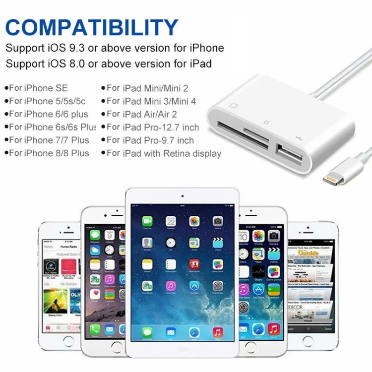 NK-1081 8 Pin to SD + TF + USB Port Camera Reader Adapter, Support iOS 9.2 or Above (White) - Image 6