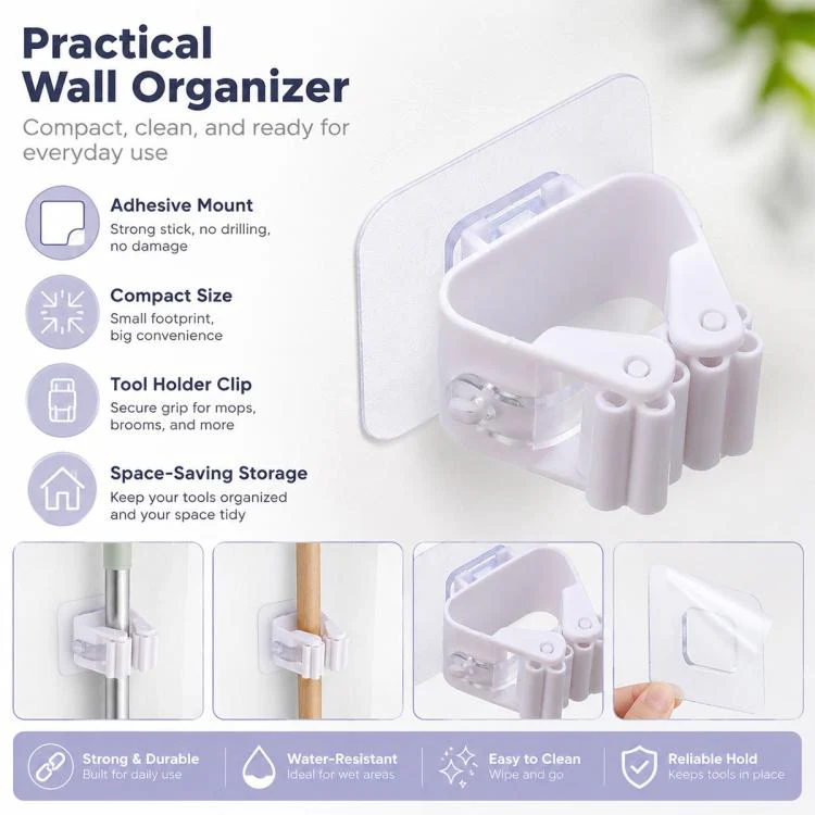 No-drill Suction Cup Bathroom Wall Mount Hook Mop Holder 4pcs(White) - Image 11