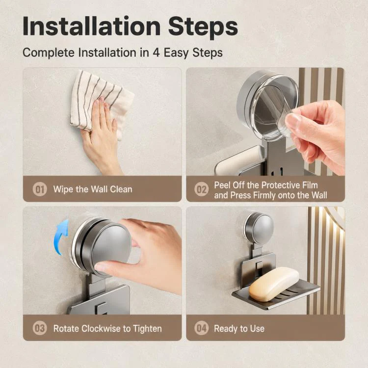 No Drilling Wall Mounted Suction Cup Soap Holder Drainable Metal Storage Tray, Type:3pcs Pack(Creamy) - Image 12