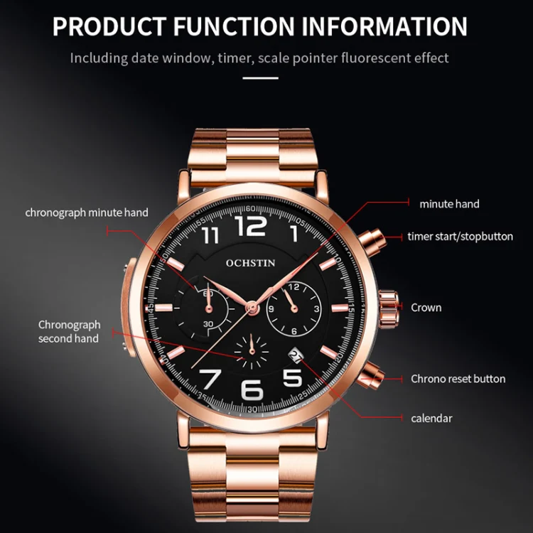 OCHSTIN 7243 Men Fashion Steel Strap Multifunctional Quartz Watch(Rose Gold Black) - Image 3