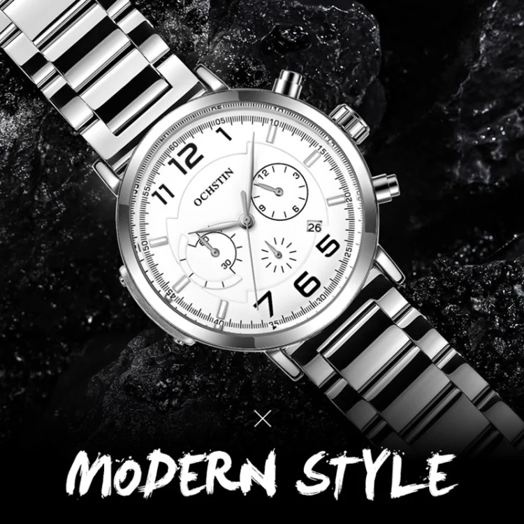 OCHSTIN 7243 Men Fashion Steel Strap Multifunctional Quartz Watch(Silver White) - Image 4