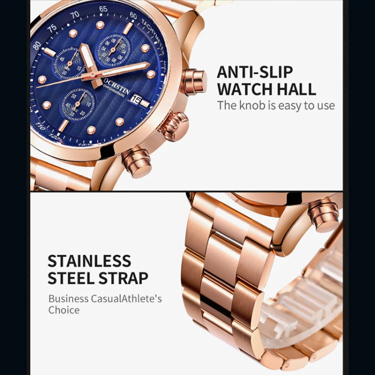 OCHSTIN 7245 Fashion Steel Strap Multifunctional Quartz Men Watch(Rose Gold Blue) - Image 4