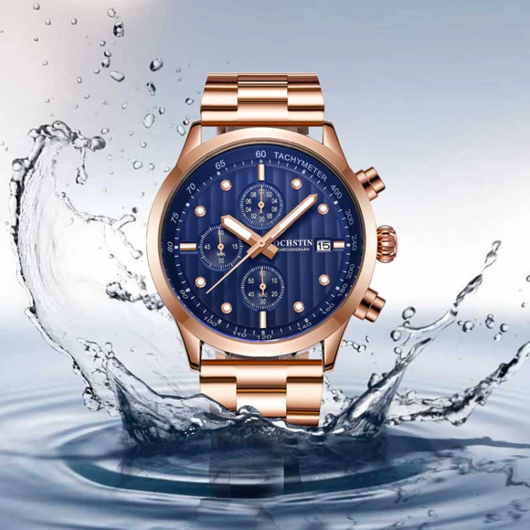 OCHSTIN 7245 Fashion Steel Strap Multifunctional Quartz Men Watch(Rose Gold Blue) - Image 6