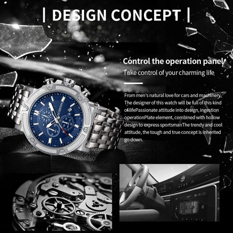 OCHSTIN 7247 Fashion Steel Strap Multifunctional Quartz Men Watch(Black) - Image 4