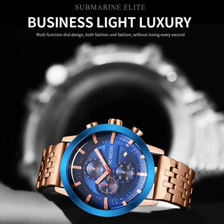 OCHSTIN 7248 Fashion Steel Strap Multifunctional Quartz Men Watch(Rose Gold Blue) - Image 4