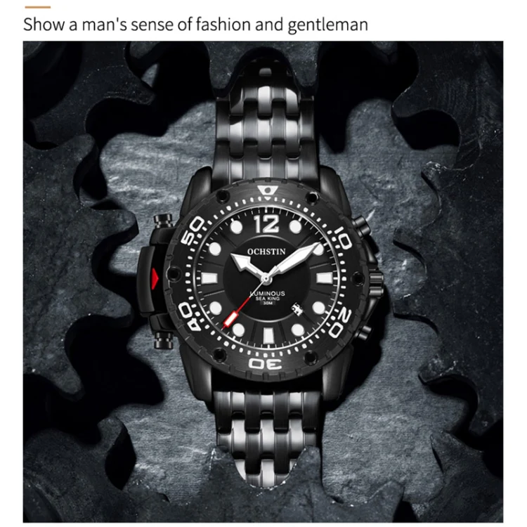 OCHSTIN 7249 Fashion Steel Strap Multifunctional Quartz Men Watch(Black+Black) - Image 5