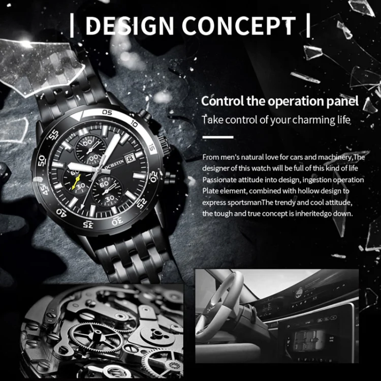OCHSTIN 7252 Fashion Steel Strap Multifunctional Quartz Men Watch(Black) - Image 4