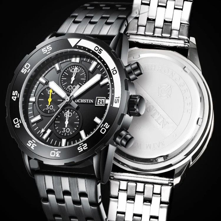 OCHSTIN 7252 Fashion Steel Strap Multifunctional Quartz Men Watch(Black) - Image 5