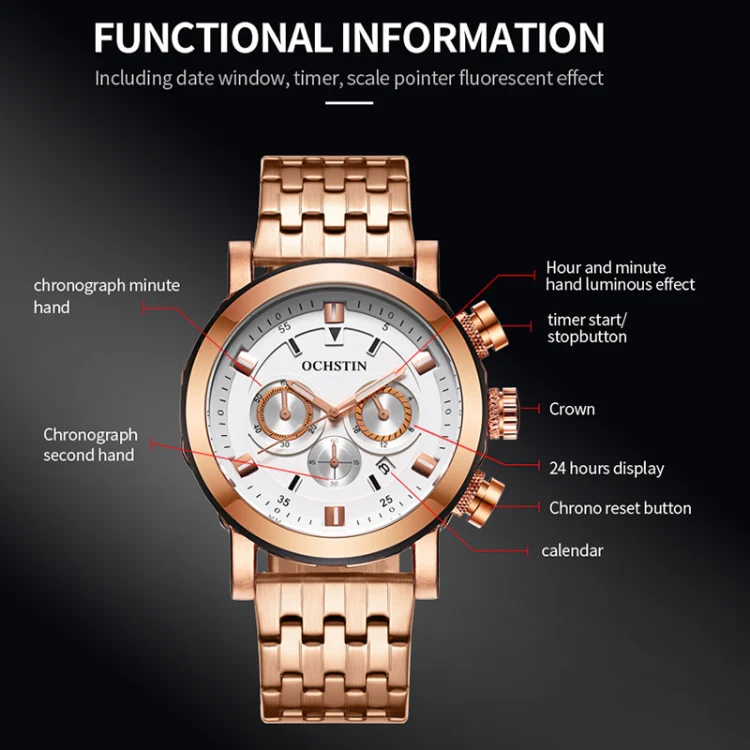 OCHSTIN 7254 Fashion Steel Strap Multifunctional Quartz Men Watch(Rose Gold Black) - Image 3
