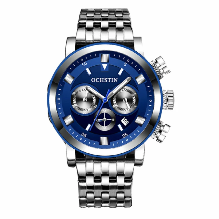 OCHSTIN 7254 Fashion Steel Strap Multifunctional Quartz Men Watch(Silver Blue)