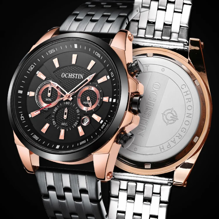 OCHSTIN 7256 Fashion Steel Strap Multifunctional Quartz Men Watch(Rose Gold White) - Image 4