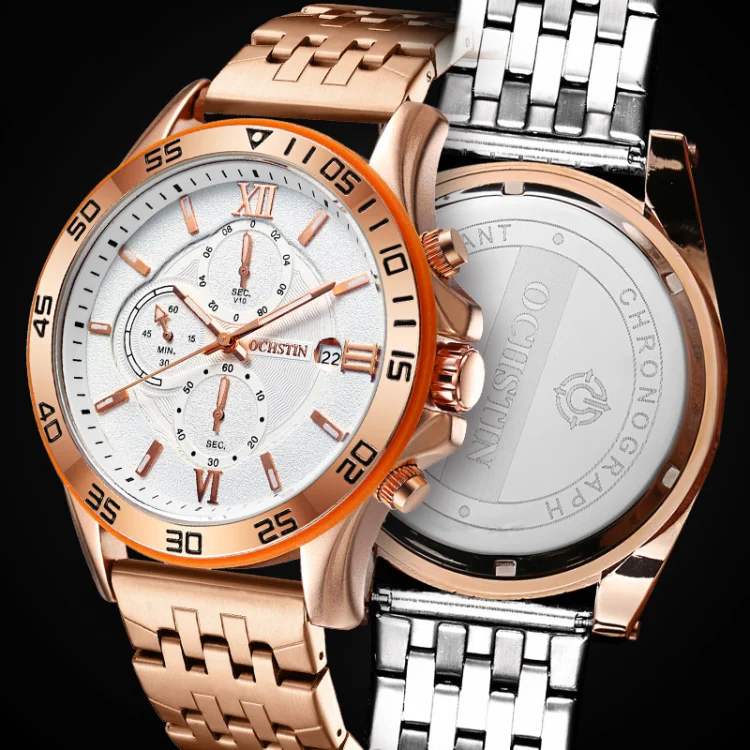 OCHSTIN 7257 Fashion Steel Strap Multifunctional Quartz Men Watch(Rose Gold Black) - Image 5