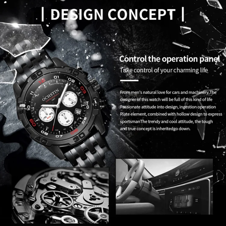 OCHSTIN 7260 Fashion Steel Strap Multifunctional Quartz Men Watch(Black) - Image 4