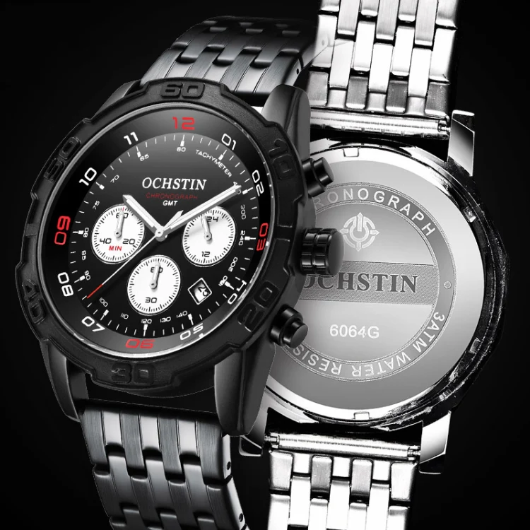 OCHSTIN 7260 Fashion Steel Strap Multifunctional Quartz Men Watch(Black) - Image 5