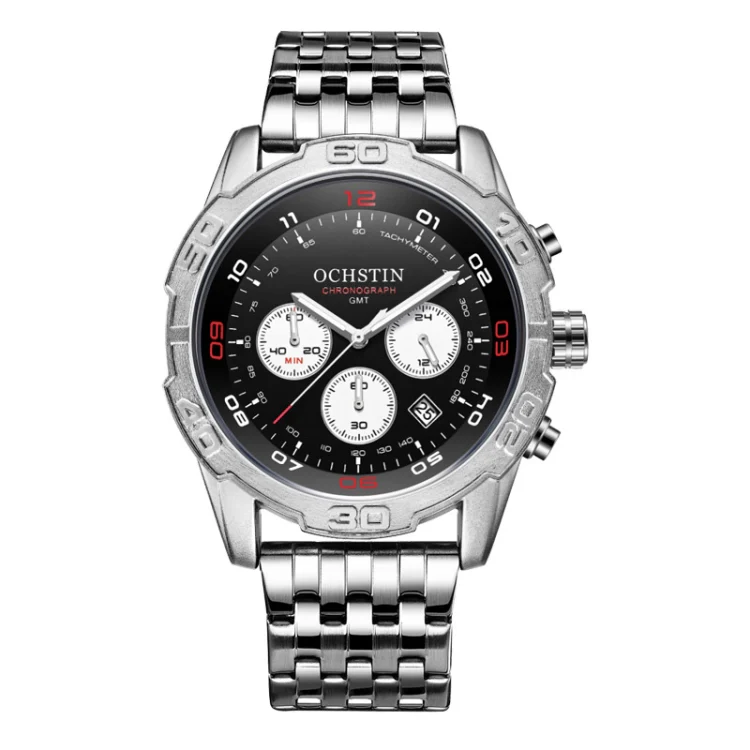 OCHSTIN 7260 Fashion Steel Strap Multifunctional Quartz Men Watch(Silver+Black)