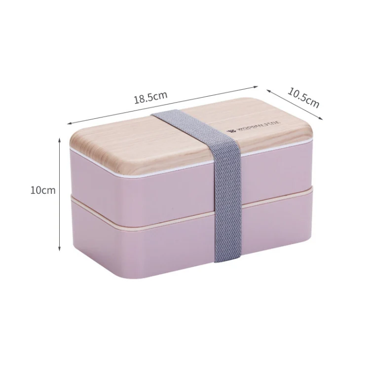 Office Double-layer Separated Lunch Box Wooden Portable Microwaveable Heating Student Bento Box with Cutlery(Pink) - Image 2