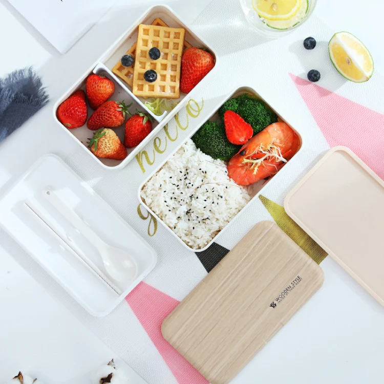 Office Double-layer Separated Lunch Box Wooden Portable Microwaveable Heating Student Bento Box with Cutlery(Pink) - Image 6
