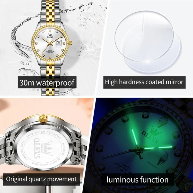 OLEVS 3629 Women Diamond Bezel Luminous Waterproof Quartz Watch(Gold Silver) - Image 5