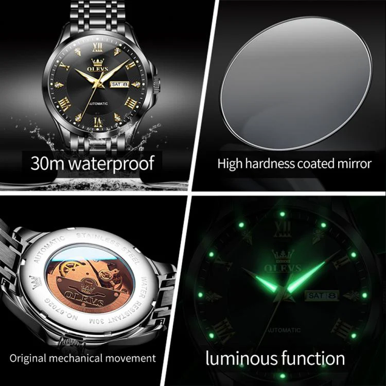 OLEVS 6702 Men Waterproof Luminous Dual Calendar Mechanical Watch(Black Gold) - Image 4