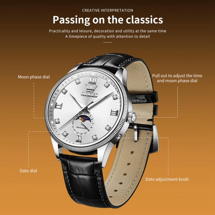 OLEVS 7039 Men Sun Moon Star Luminous Waterproof Mechanical Watch(White) - Image 3