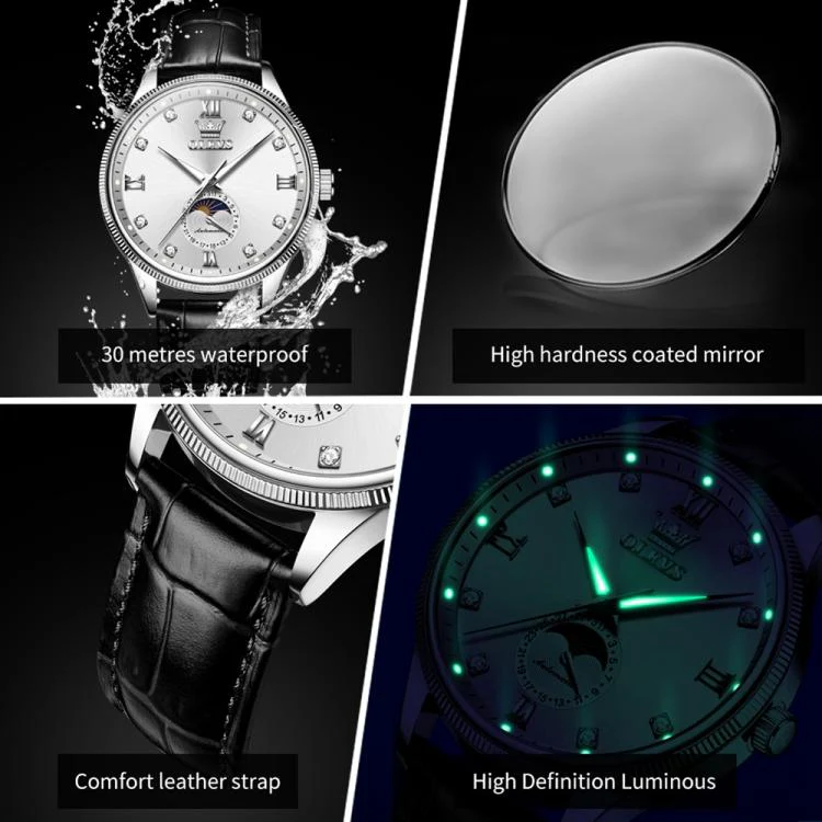 OLEVS 7039 Men Sun Moon Star Luminous Waterproof Mechanical Watch(White) - Image 5