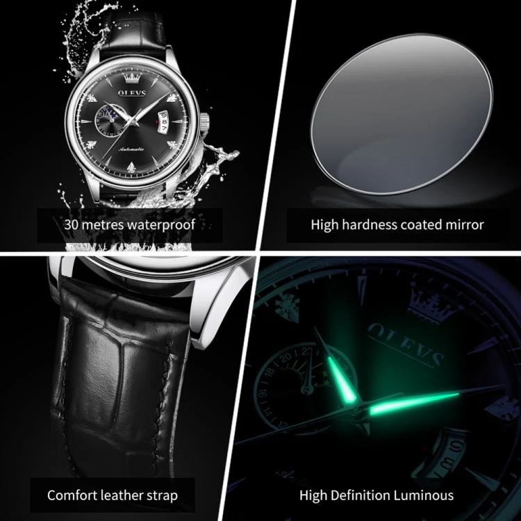 OLEVS 7040 Men Sun Moon Star Luminous Waterproof Mechanical Watch(Black) - Image 6