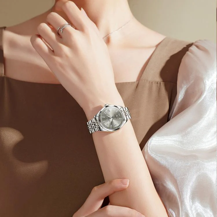 OLEVS 9801 Women Diamond Waterproof Single Calendar Mechanical Watch(Grey) - Image 6