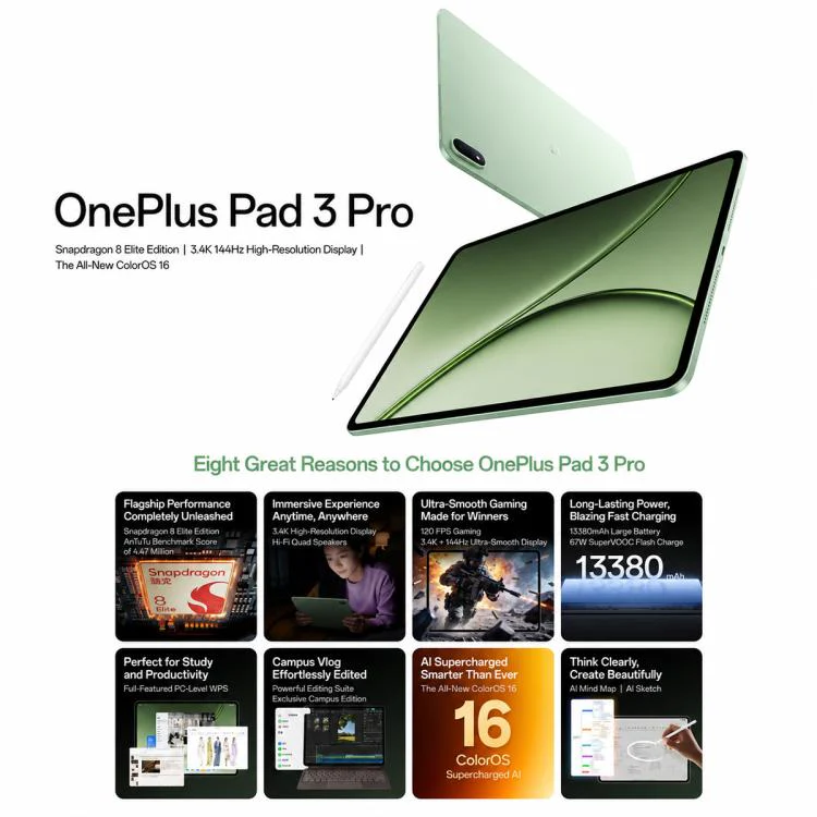 OnePlus Pad 3 Pro 13.2 inch WiFi Tablet PC, 12GB+256GB ColorOS 16 Qualcomm Snapdragon 8 Elite Gen5 CPU, US Plug (Light Green) - Image 4