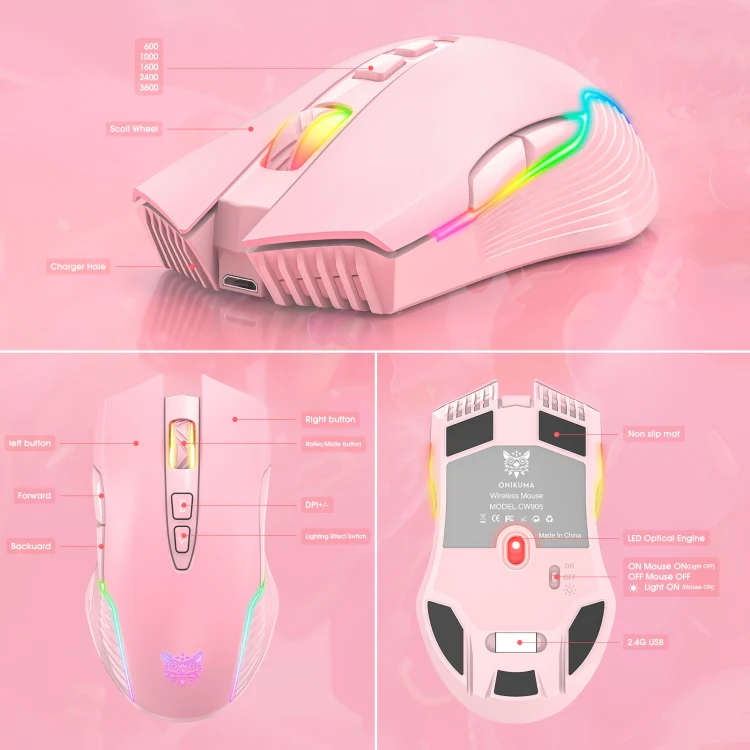 ONIKUMA CW905 2.4G RGB Lighting Wireless Mouse(Pink) - Image 6