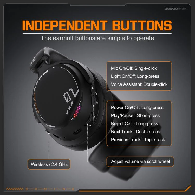 ONIKUMA GT886 Tri-mode Bluetooth 2.4G Wired E-sports Game Headset(Black) - Image 6