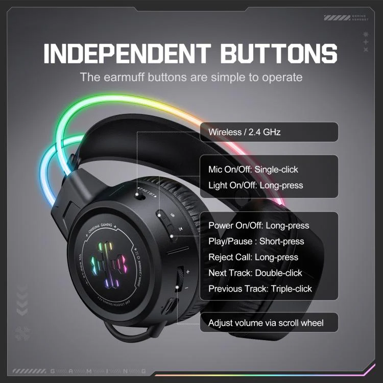 ONIKUMA GT889 Tri-mode RGB Bluetooth 2.4G Wired Gaming Headset(Black) - Image 6