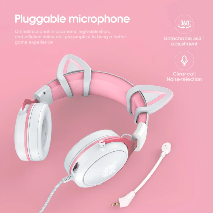 ONIKUMA X10 Car Ear LED Light Adjustable Gaming Headset with Microphone(White Pink) - Image 3