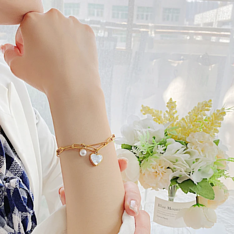 OPK 1106 Cold Style Personalized Double Layer Temperament Peach Heart Pearl Stainless Steel Bracelet, Color: Rose Gold - Image 4