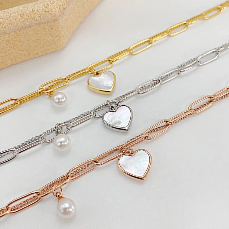 OPK 1106 Cold Style Personalized Double Layer Temperament Peach Heart Pearl Stainless Steel Bracelet, Color: Steel Color - Image 2