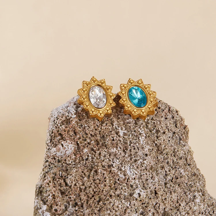 OPK GE944 1pair Vintage Simple Diamond Earrings Stainless Steel Gold-Plated Earrings(Light Blue Diamond) - Image 5