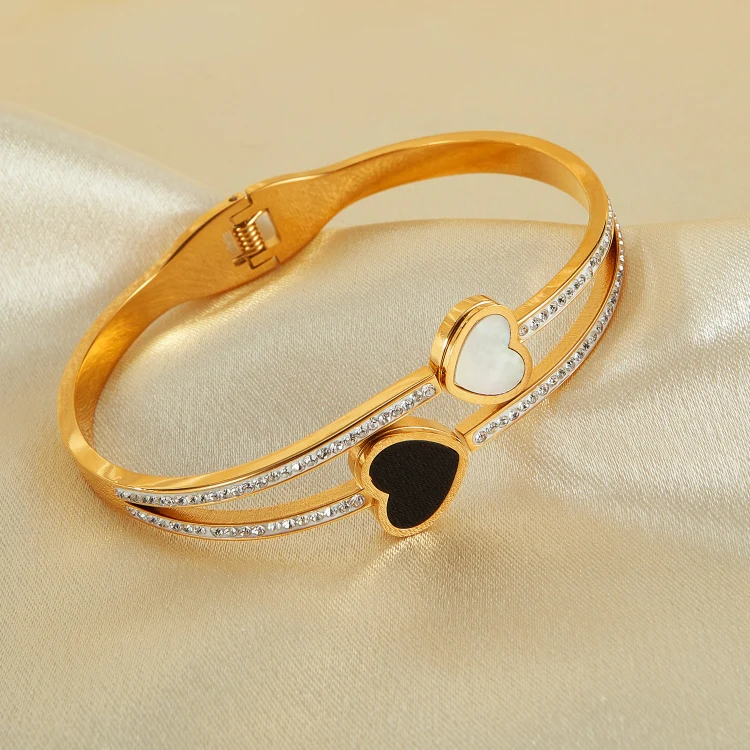 OPK GH1105 Stainless Steel Double Heart Black and White Shell Temperament Bracelet - Image 4