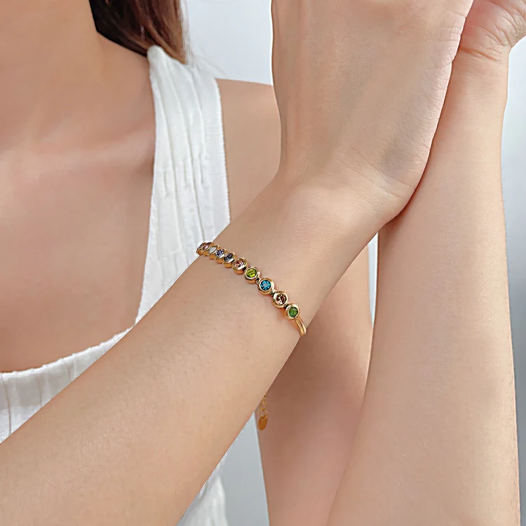 OPK GS1431 Titanium Steel Colorful Zirconia Hand Jewelry Stainless Steel Flat Chain Bracelet, Color: Gold - Image 2