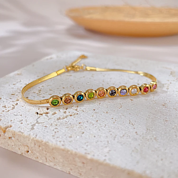 OPK GS1431 Titanium Steel Colorful Zirconia Hand Jewelry Stainless Steel Flat Chain Bracelet, Color: Gold - Image 3
