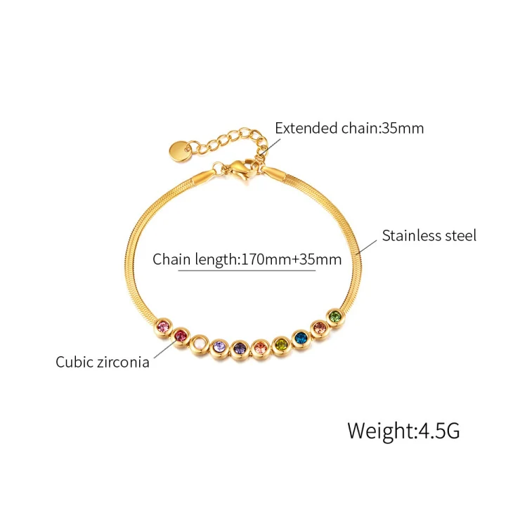 OPK GS1431 Titanium Steel Colorful Zirconia Hand Jewelry Stainless Steel Flat Chain Bracelet, Color: Gold - Image 5