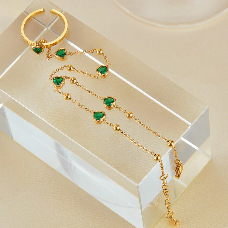 OPK GS1558 2 In 1 Emerald Heart Zirconia Stainless Steel Ring Bracelet - Image 2